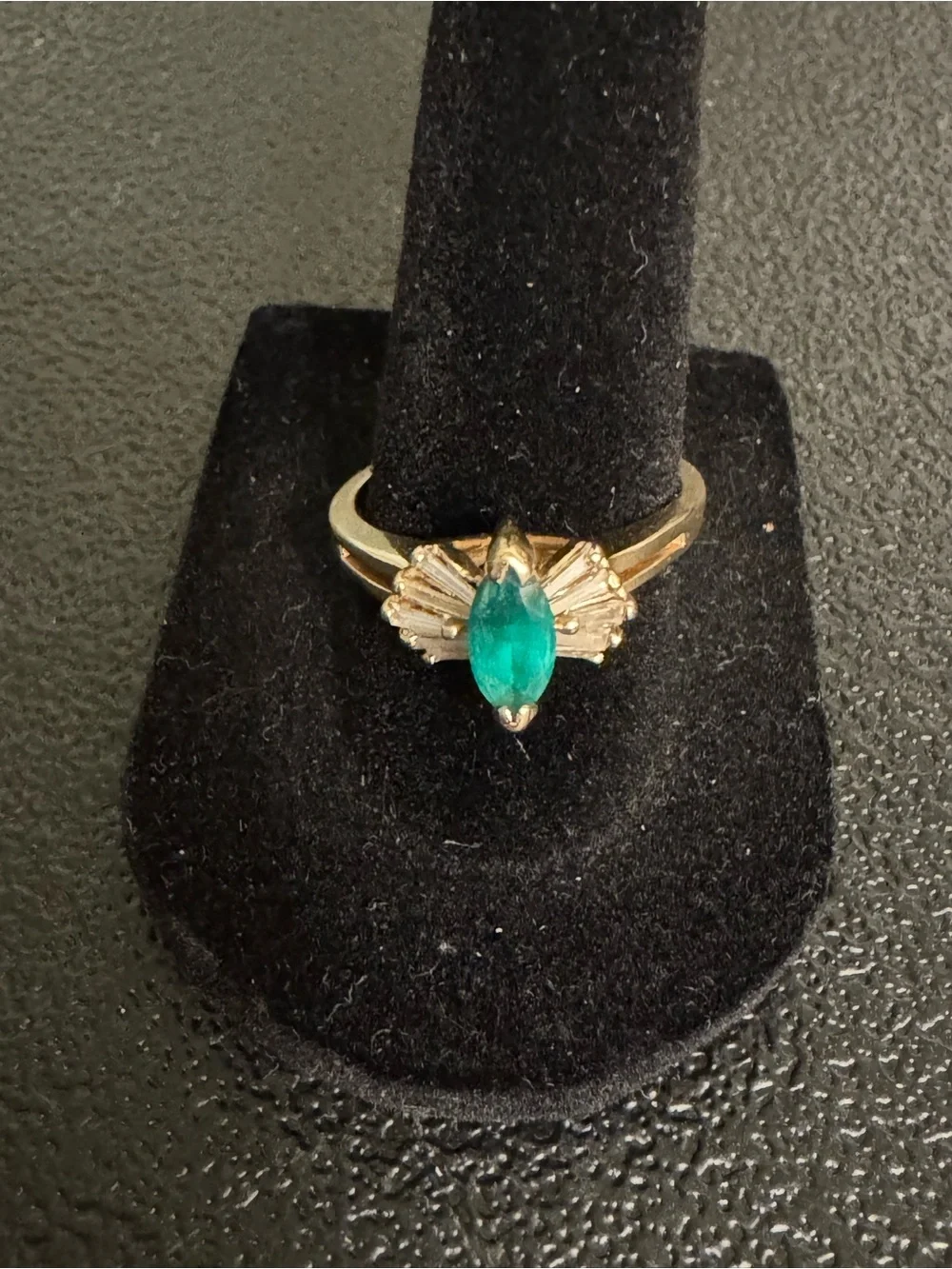 14kt Gold Emerald Ring with Baguette Side Diamonds